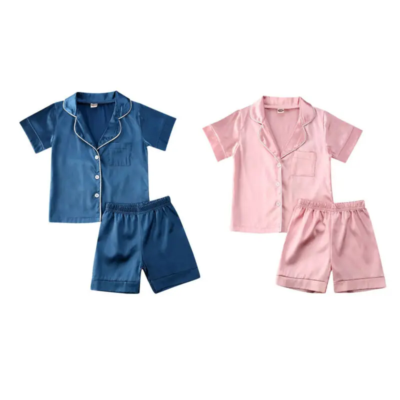 Pudcoco US Stock 1-6T Kids Baby Boys Girls Silk Pajamas Sleepwear Outfit Short Sleeve Solid Shirt + Pants Nightwear Set - Image 2