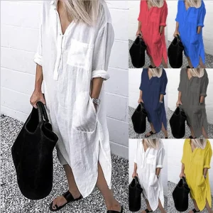 2023 new dress Women Cotton Linen Long Blouse Summer Short Sleeve Solid Button Blouse Casual Shirt Vintage Oversized S-5XL
