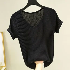 2025 Summer Women's Sweater  Short Sleeve V-neck Knit Shirt Casual Korean Pullovers Stripe Bottoming Shirt Slim Fit Jumpers