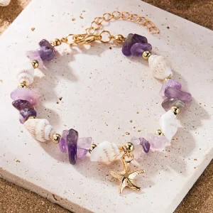 Bohemian Starfish Pendant Bracelet for Women Handmade Crushed Stone Beaded Bracelet Summer Beach Jewelry Travel Accessory Gift
