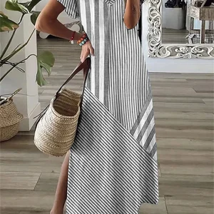 Simple Fashion Women's V-neck Dress Striped Print Women's Dress Summer Loose Comfortable Slit Women's Short-sleeved Dress
