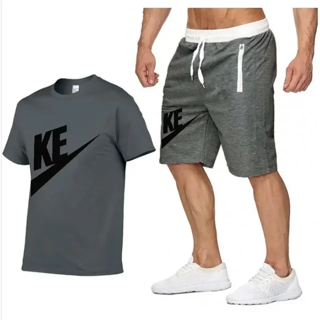 2025 Summer men's printed round neck short-sleeved T-shirt + five-point shorts two-piece fitness sports fashion leisure suit - Image 8