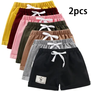 2pcs Cotton Summer Kids Shorts Boys Girls Solid Color Short Baby Cartoon Casual Pant Children Short Pant Sport Clothing Outwear