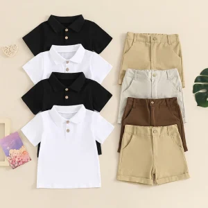 2024-03-20 Lioraitiin 1-5Y Summer Kid Boys Shorts Sets Short Sleeve Button Up Shirt Tops and Solid Color Shorts Sets 2PCS
