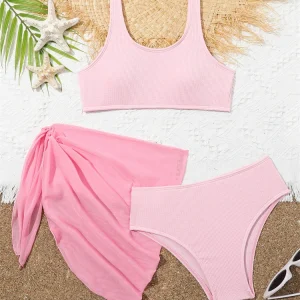 Kids Swimsuit Girls Bikini 2025 New Solid Ribbed Sling Bikinis Set Children Swimwear Summer Three Piece Beachwear Bathing Suits
