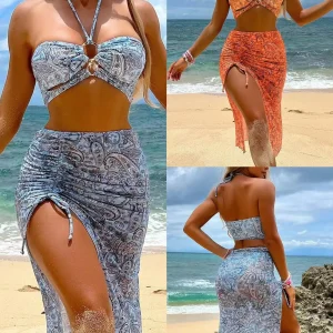 Women's Paisley Bikini Set With Skirt 2025 Sexy Bohemian Beach Dress Beachwear Two-Piece Swimsuit Cover-Up Summer Seaside Outfit