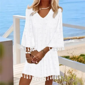 New Women's White Long Sleeve Midi Dress Spring Summer Fashion Solid V Neck Loose Tassel Casual Office Lady Dresses Robe Femme