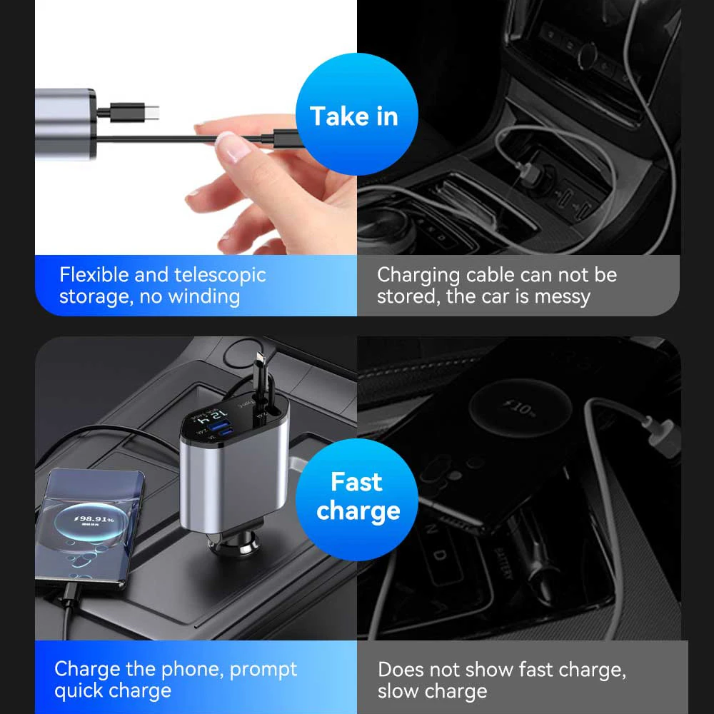 120W 4 in 1 Car Charger Retractable Car Cigarette Lighter Adapter USB Type C Fast Charger Cable For IPhone Xiaomi Huawei Samsung - Image 5
