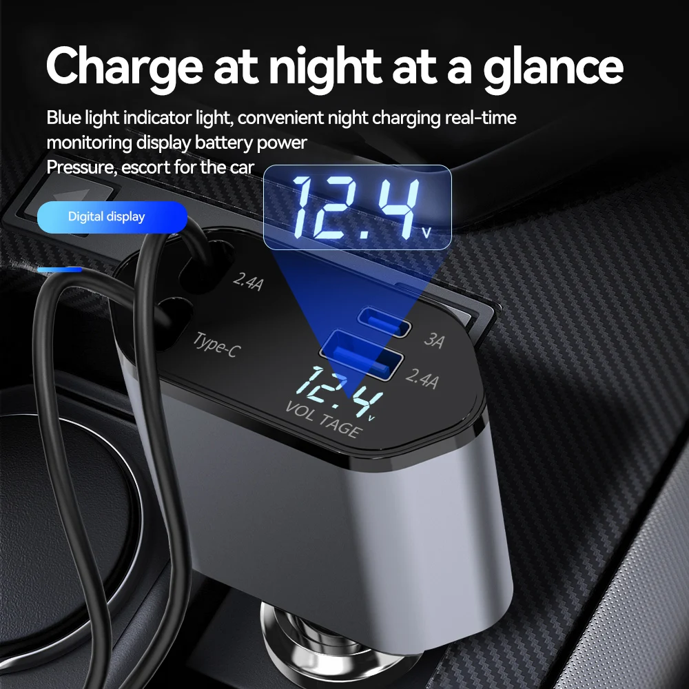 120W 4 in 1 Car Charger Retractable Car Cigarette Lighter Adapter USB Type C Fast Charger Cable For IPhone Xiaomi Huawei Samsung - Image 4