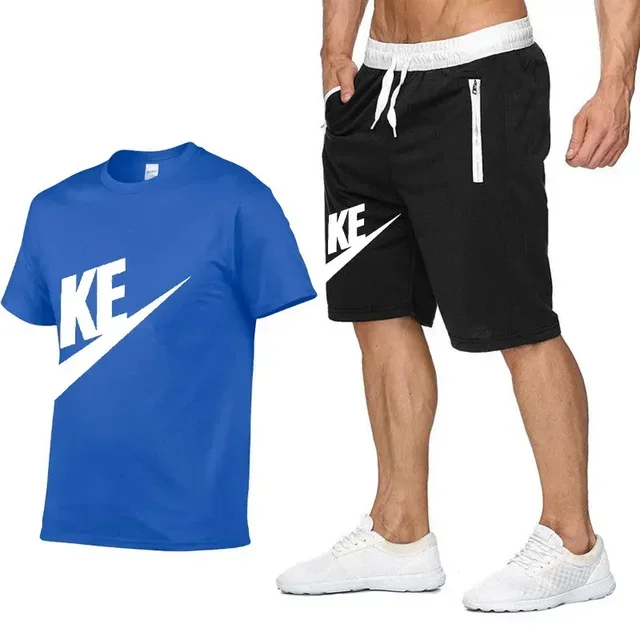2025 Summer men's printed round neck short-sleeved T-shirt + five-point shorts two-piece fitness sports fashion leisure suit - Image 9