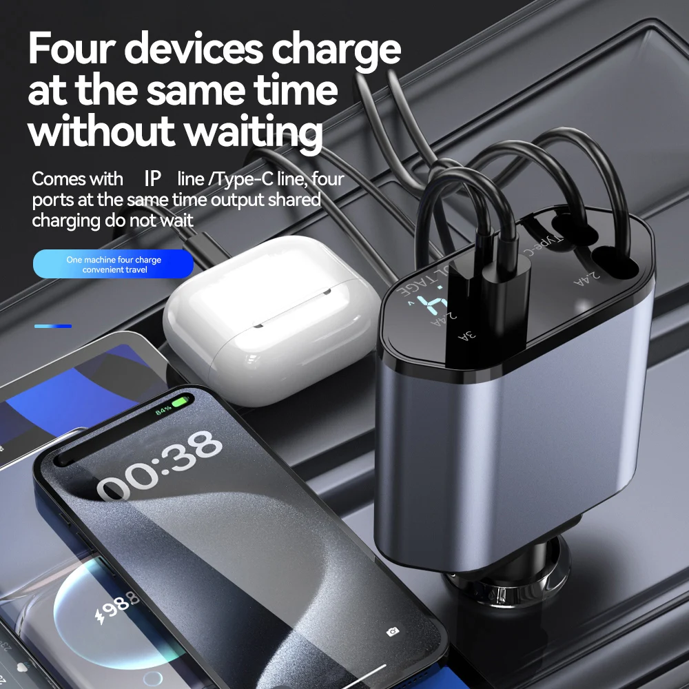 120W 4 in 1 Car Charger Retractable Car Cigarette Lighter Adapter USB Type C Fast Charger Cable For IPhone Xiaomi Huawei Samsung - Image 3