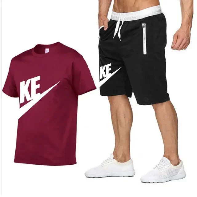 2025 Summer men's printed round neck short-sleeved T-shirt + five-point shorts two-piece fitness sports fashion leisure suit - Image 12