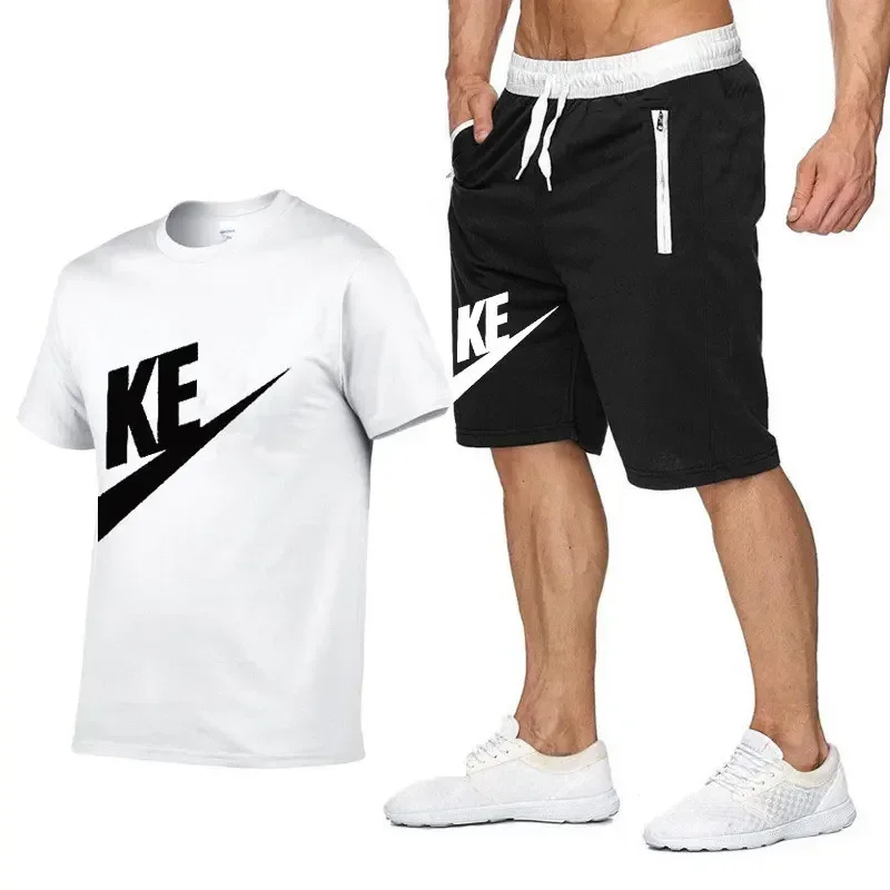2025 Summer men's printed round neck short-sleeved T-shirt + five-point shorts two-piece fitness sports fashion leisure suit - Image 3