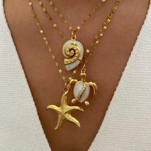 Peri'sbox Elegant Fashion White Enamel Turtle Conch 18K Gold Plated Big Starfish Pendant Necklace for Women Party Daily Jewelry