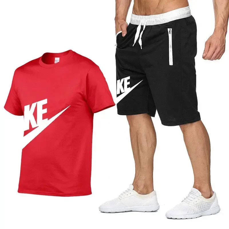 2025 Summer men's printed round neck short-sleeved T-shirt + five-point shorts two-piece fitness sports fashion leisure suit - Image 5