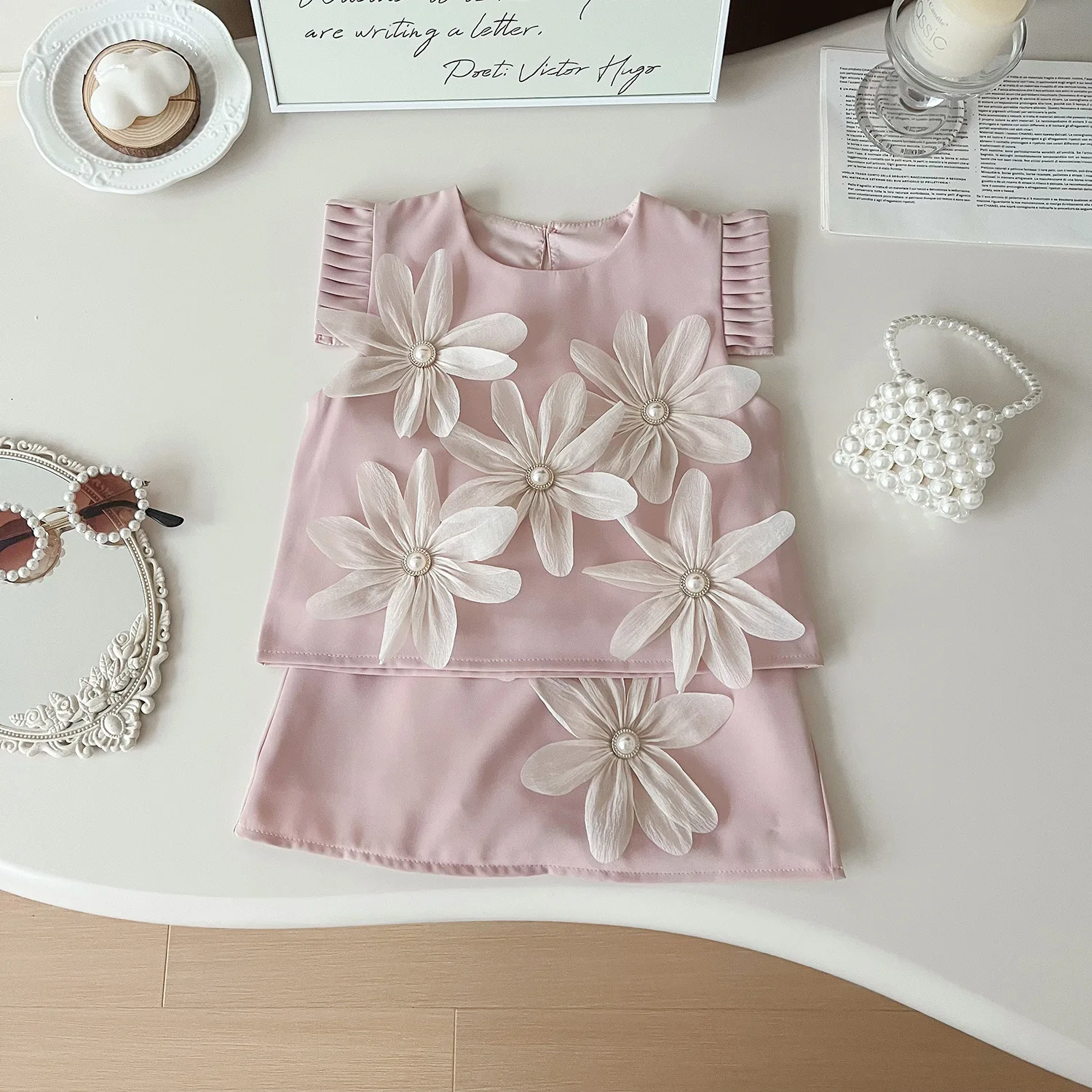 Children's Clothing Sets Three-dimensional Flower Small Flying Sleeve Doll Shirt + Shorts T2pcs Sets Baby Girl Clothes Set - Image 3