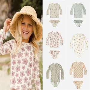 2024 Summer RC Baby Girls Long Sleeve Swimwears Floral Swimsuit Kids Bikini Set Girls Sunscreen Bodysuit One-piece Suits 1-12Y