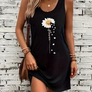Summer black sexy dress Women's  Sunflower Print Casual Slim Fit Sleeveless Round Neck T-shirt Mini Dress