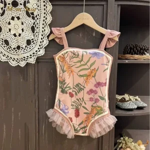 Baby Girl Princess Floral Swimsuit Romper+Cap 2pcs Infant Toddler Teens Child Swimwear Bathing Suit Kid Swimming Clothing 1-12Y