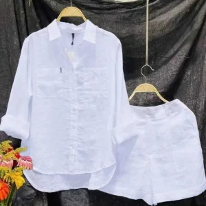 Fashion White Long Sleeve Shirt And Shorts Two Piece Sets Women 2025 Summer Cotton Linen Casual Home 2 Piece Set For Women