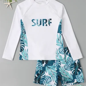 Boy Swimsuit 2025 New Solid And Print Long Sleeve Children Swimwear Summer Kids Beach Wear Shorts Swimming Bathing Suit For Men