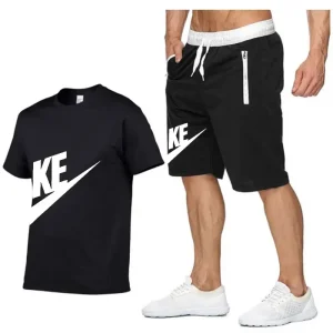 2025 Summer men's printed round neck short-sleeved T-shirt + five-point shorts two-piece fitness sports fashion leisure suit