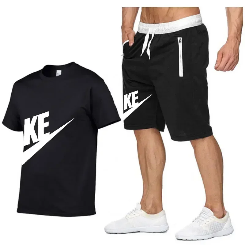 2025 Summer men's printed round neck short-sleeved T-shirt + five-point shorts two-piece fitness sports fashion leisure suit