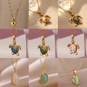 Colorful Starfish Sea Turtle Necklace For Women Gold Color Stainless Steel Turtle Necklace Wedding Christmas Boho Jewelry Gift