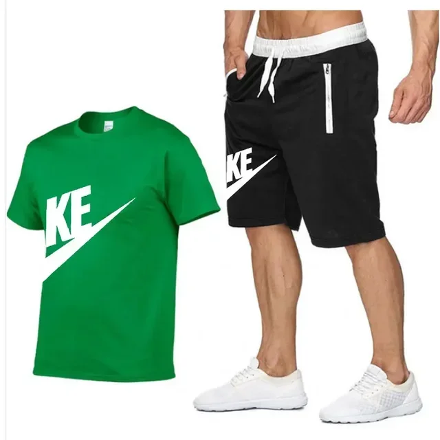 2025 Summer men's printed round neck short-sleeved T-shirt + five-point shorts two-piece fitness sports fashion leisure suit - Image 7