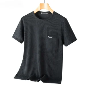 Summer Premium Ice Silk Breathable Short Sleeve T-shirt for Men's High Elasticity Letter Embroidery Casual O-Neck Pocket T-shirt