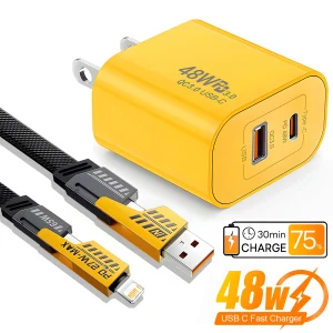 48W USB C Fast Charger Adapter For iPhone 16 15 14 13 12 Pro Max 4 in 1 Fast Charging Data Cable For Samsung Xiaomi Wall Charger