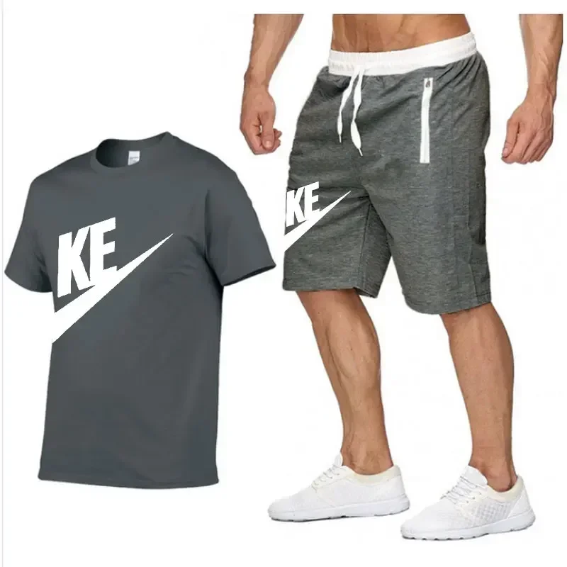 2025 Summer men's printed round neck short-sleeved T-shirt + five-point shorts two-piece fitness sports fashion leisure suit - Image 2