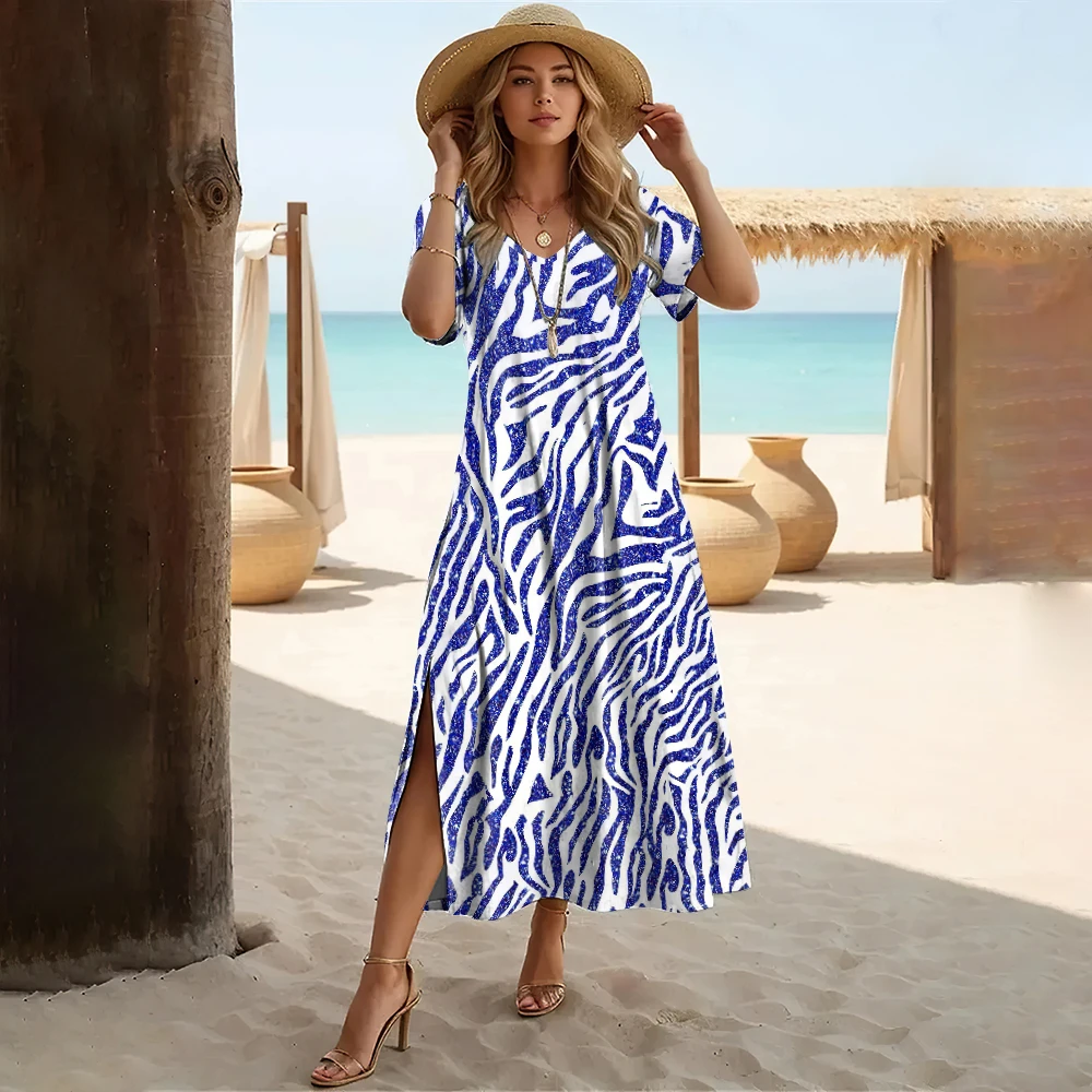 Fashions Women's Clothing Elegant Womens V-Neck Dresses Leopard Print Slit Long Dress Woman A-Line Skirt Summer Loose Pullover - Image 11