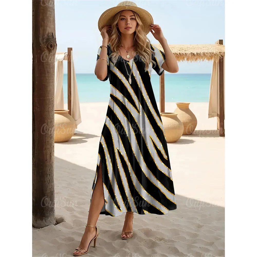 Fashions Women's Clothing Elegant Womens V-Neck Dresses Leopard Print Slit Long Dress Woman A-Line Skirt Summer Loose Pullover