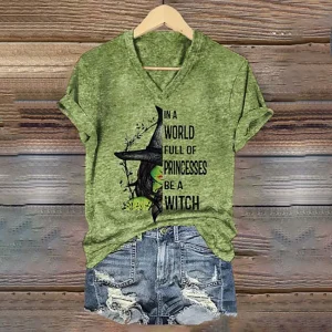 Witch Print Short Sleeves T-shirts Vintage Women's V-neck Tops Summer Casual Tees 2024 New Pullover Designer Loose Streetwear