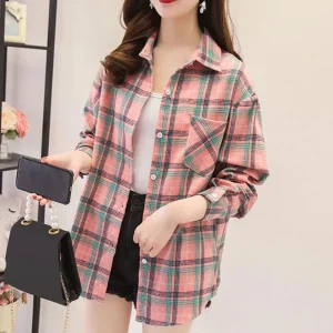 2024 Oversized Plaid Shirt Fashion Korean Patch Pocket Loose Shirt Coat Harajuku All-match Long Sleeve Chic Female Shirts Blouse