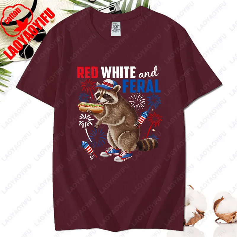 Red White and Feral Humorous 4th of July Raccoon Eating Hotdog Patriotic TShirt Novelty Cool All Match Tee Women Men Cotton Tops - Image 11