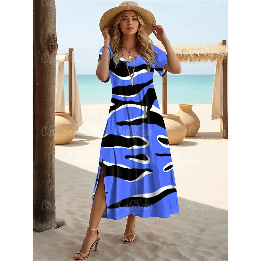 Fashions Women's Clothing Elegant Womens V-Neck Dresses Leopard Print Slit Long Dress Woman A-Line Skirt Summer Loose Pullover - Image 5