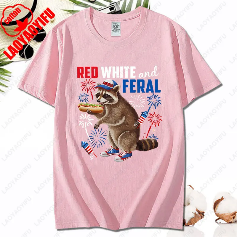 Red White and Feral Humorous 4th of July Raccoon Eating Hotdog Patriotic TShirt Novelty Cool All Match Tee Women Men Cotton Tops - Image 8