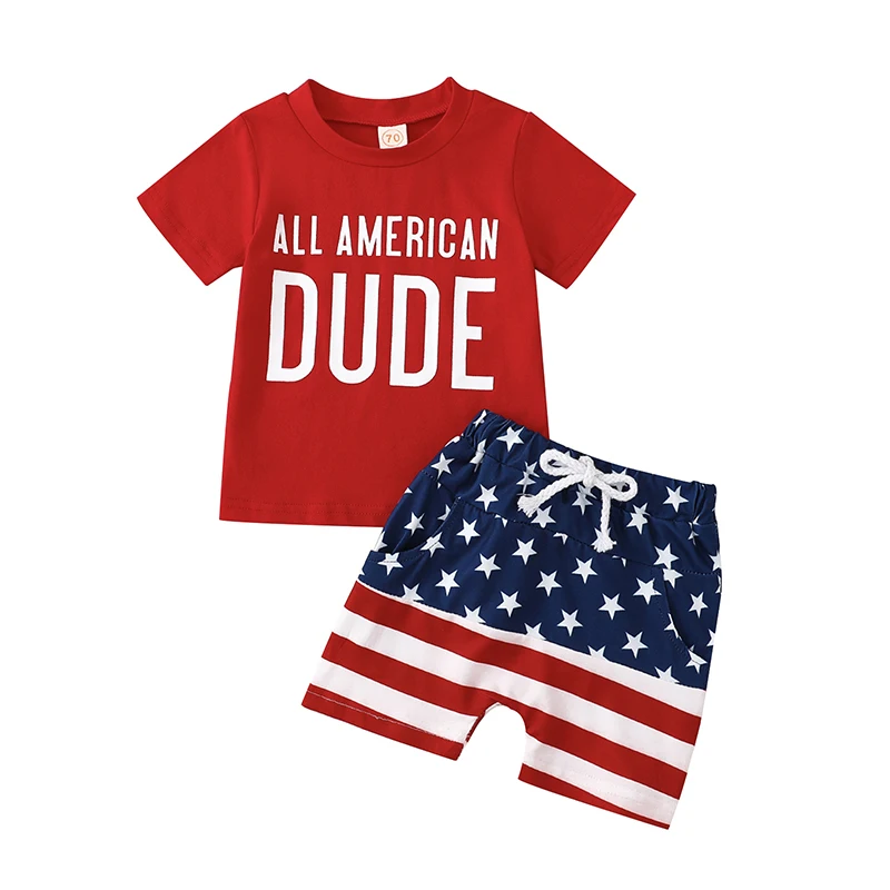 2023-02-28 Lioraitiin 0-3Years Toddler Boys 4th of July Outfits Short Sleeve Letter Print T-Shirts Knot Front Shorts Set - Image 7