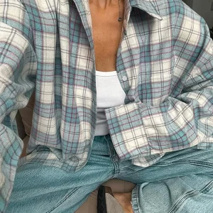 Mumaroho 2024 Women Autumn Winter Long Sleeve Blue Plaid Shirt Vintage Oversized Loose Fit Blouse For Woman