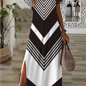2025 New Geometric Printed Dresses Women's Elegant Slit Long Dresses Large Size V Neck Fashion Hawaii Vacation Women's