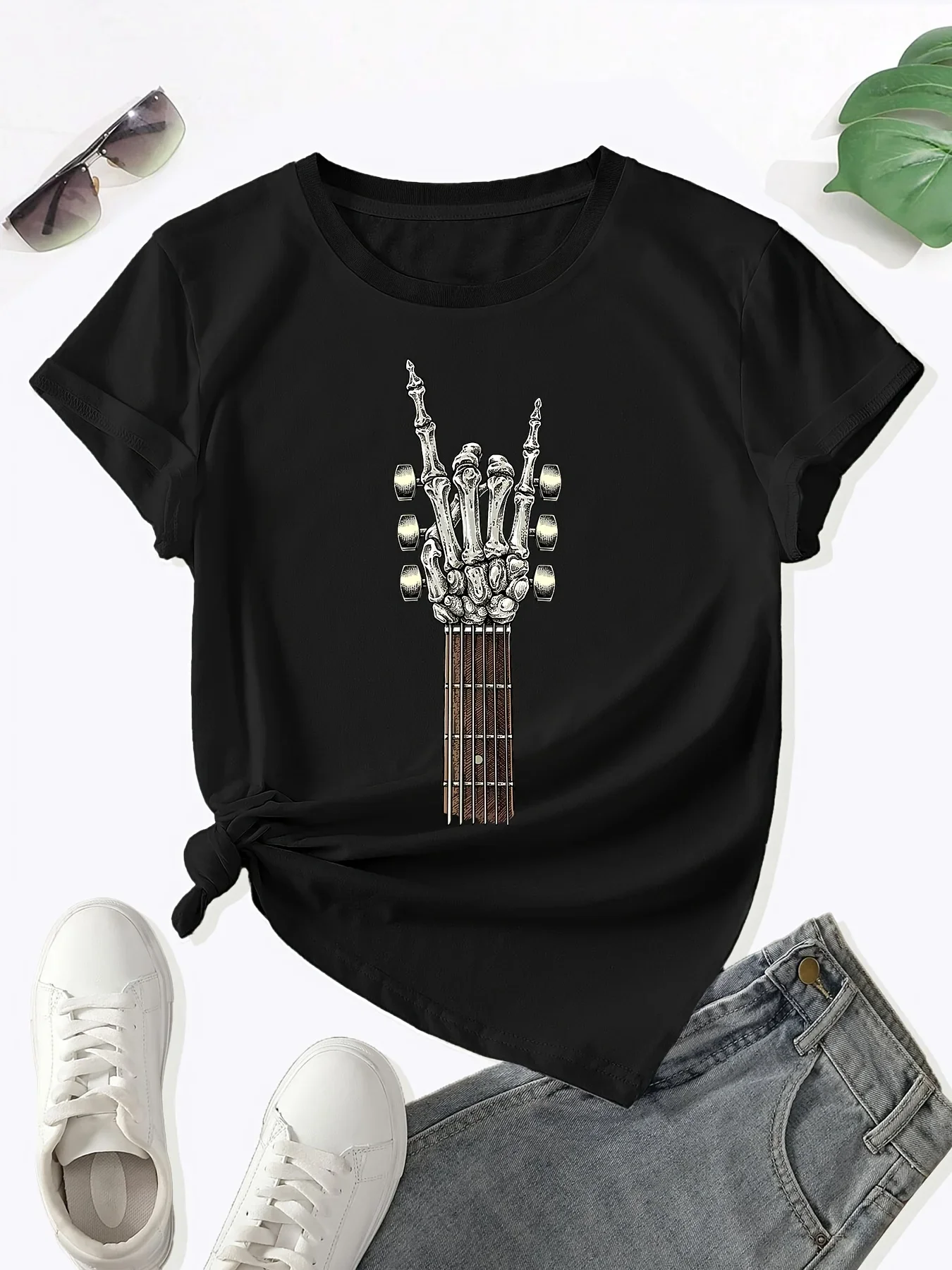 Rock on Guitar Print Round Neck T-shirt Spring Summer Harajuku Short Sleeve Casual Top Vintage Graphic Women's Clothing - Image 2