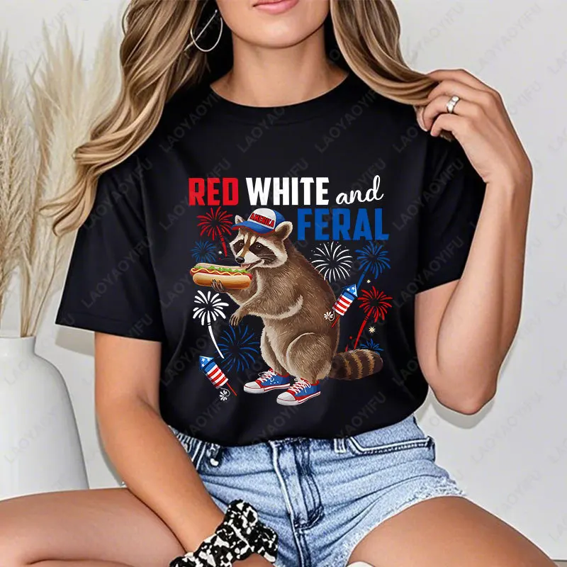Red White and Feral Humorous 4th of July Raccoon Eating Hotdog Patriotic TShirt Novelty Cool All Match Tee Women Men Cotton Tops