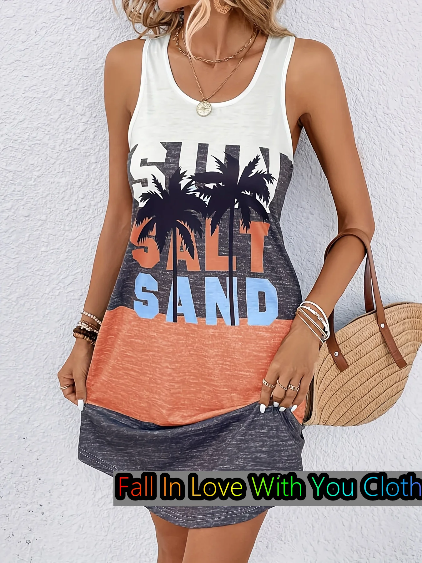 Fashion Coconut Tree & Color Block Sleeveless Round Neck Dress Summer Vacation Casual Dress Beach Bohemian Dress Women Clothing - Image 3