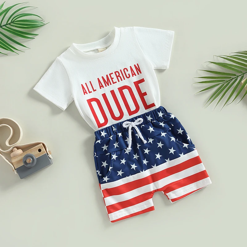 2023-02-28 Lioraitiin 0-3Years Toddler Boys 4th of July Outfits Short Sleeve Letter Print T-Shirts Knot Front Shorts Set - Image 2