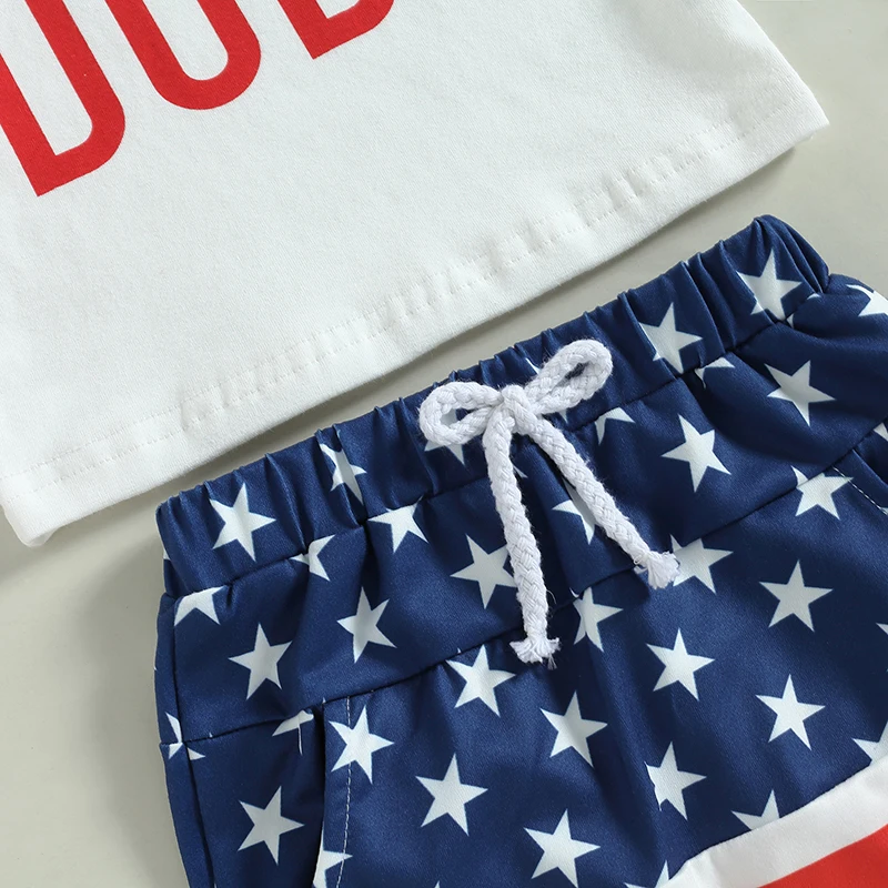2023-02-28 Lioraitiin 0-3Years Toddler Boys 4th of July Outfits Short Sleeve Letter Print T-Shirts Knot Front Shorts Set - Image 5