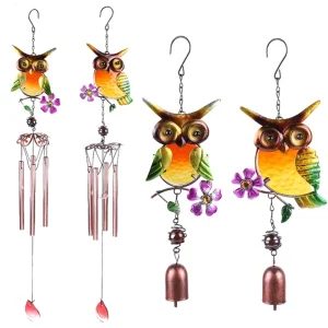 European Owl Wind Chime Creative Metal Pendant Glass Painted Bell Outdoor Garden Balcony Decorations Home Room Windows Decors