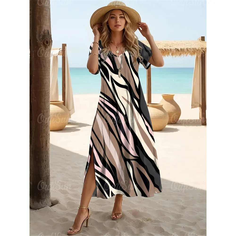 Fashions Women's Clothing Elegant Womens V-Neck Dresses Leopard Print Slit Long Dress Woman A-Line Skirt Summer Loose Pullover - Image 7