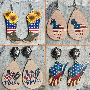 New American Independence Day Earrings July 4th Festival Decoration Western Cowboy Sun Flower Boots Cowhead Hat Wooden Ear Rings